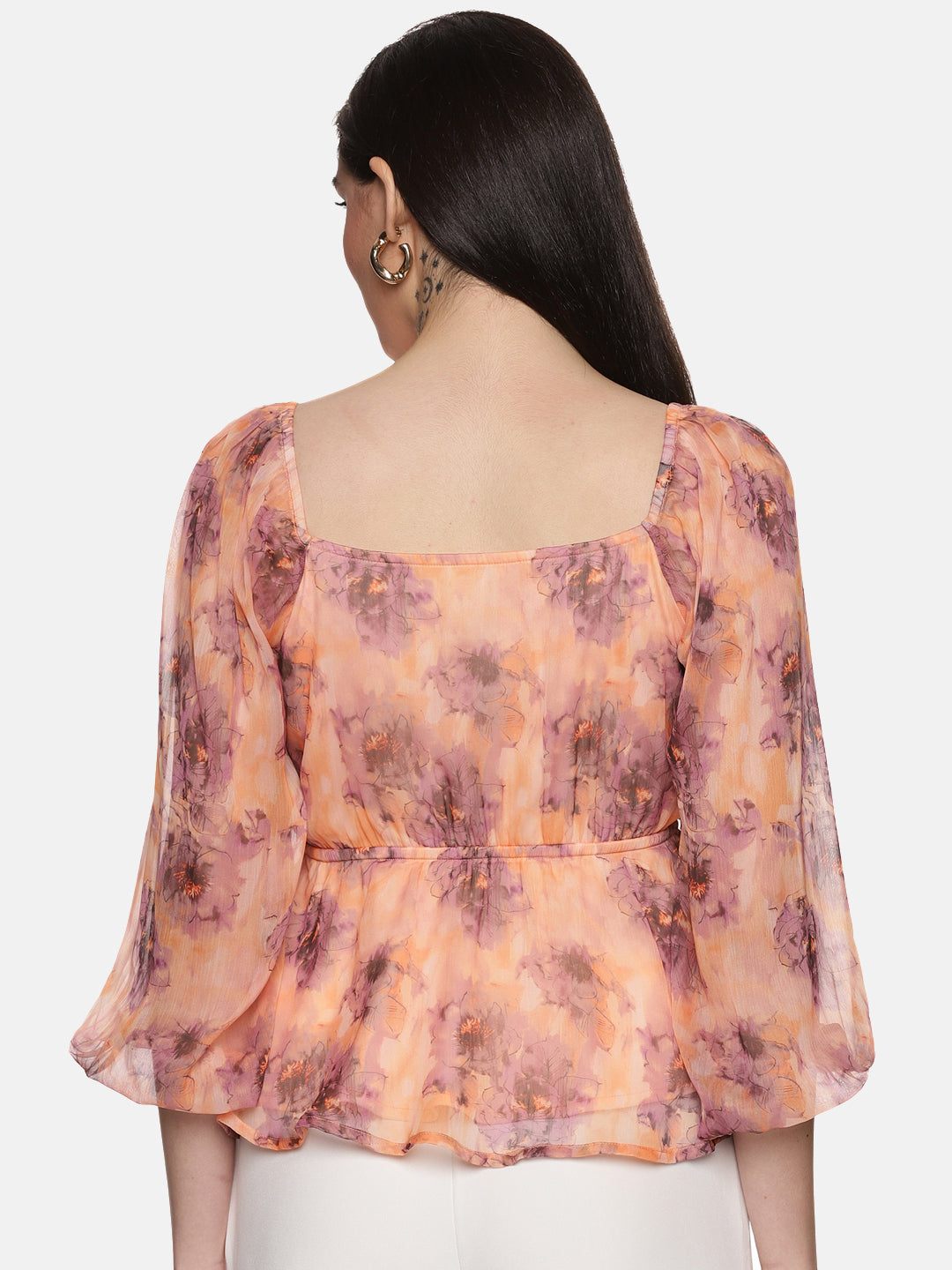 IS.U Floral Peach Front Tie Knot Peplum Top