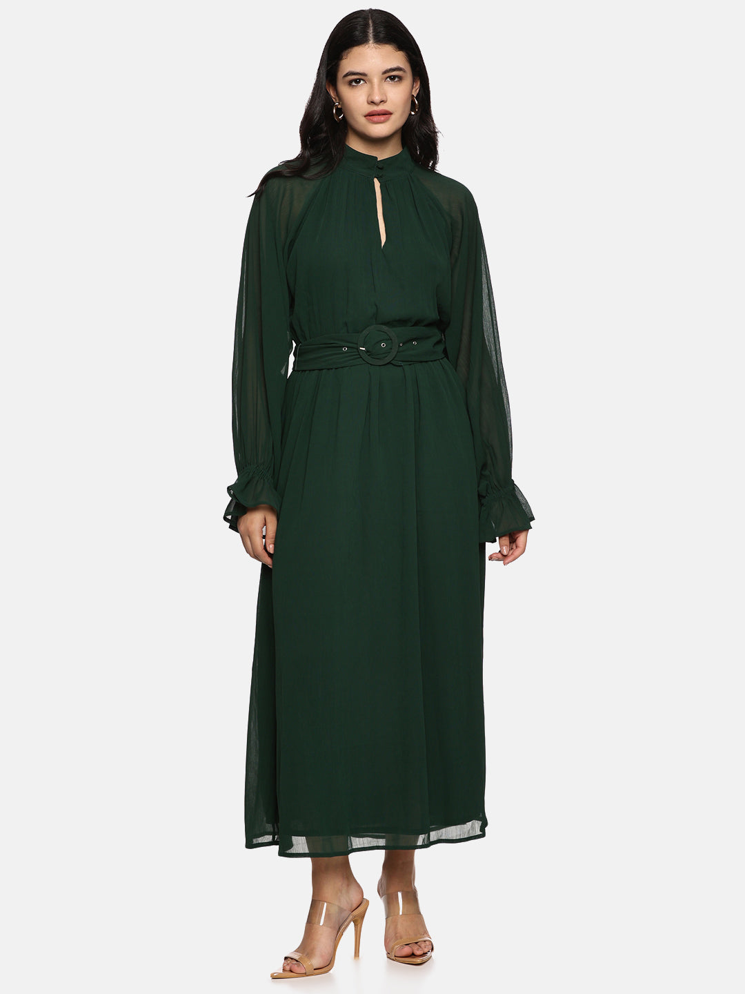 IS.U Green Belted Blouson Sleeve Dress