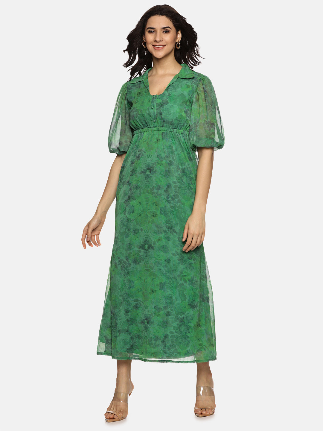 Buy Green Printed Floral Chiffon Fabric | Shirt Collared Maxi Dress Online In India