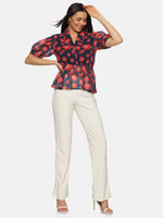 Load image into Gallery viewer, IS.U Floral Navy Blue Collared Peplum Top
