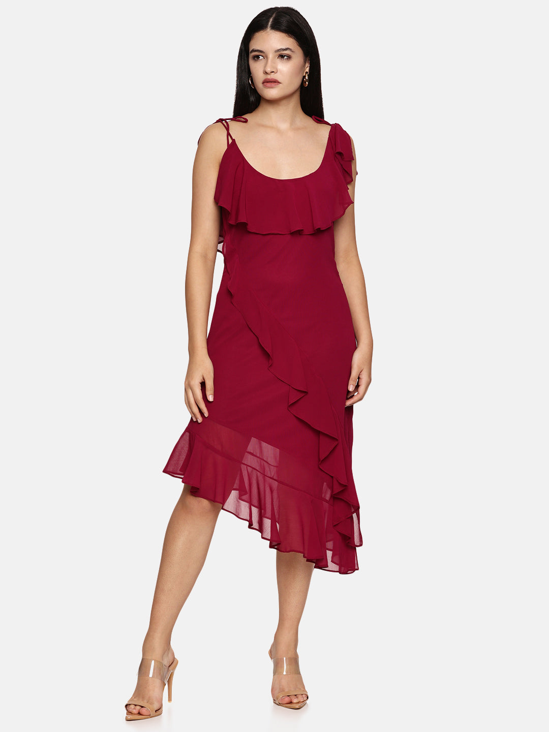 IS.U  Pink Ruffled Strap Midi Dress