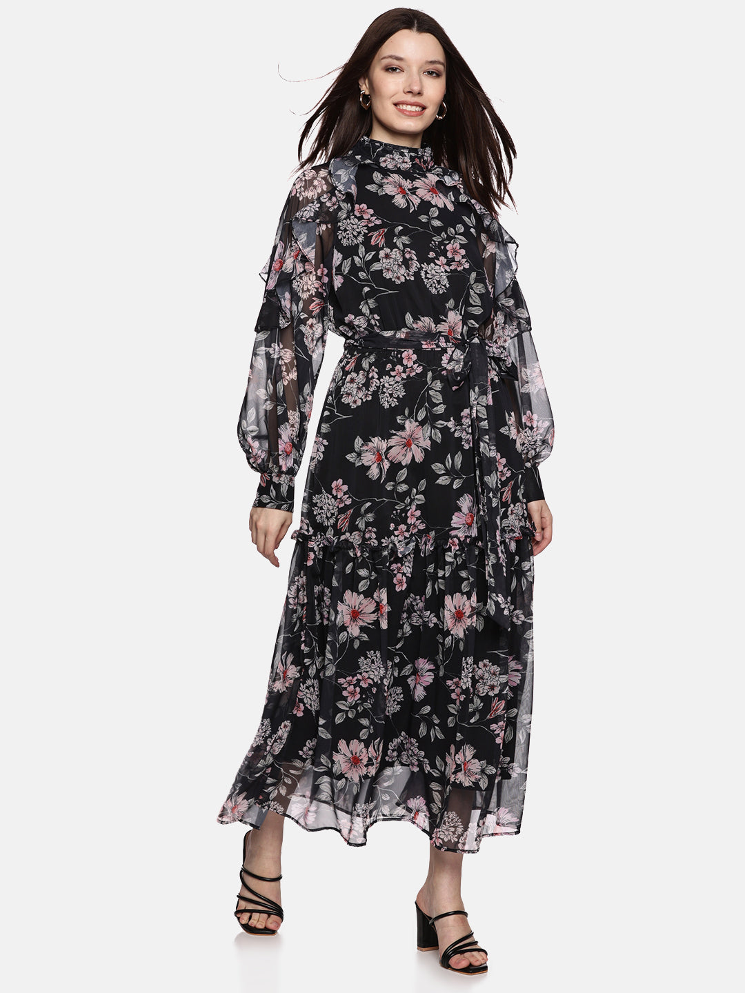 IS.U Floral Black Ruffled Blouson Sleeve Dress