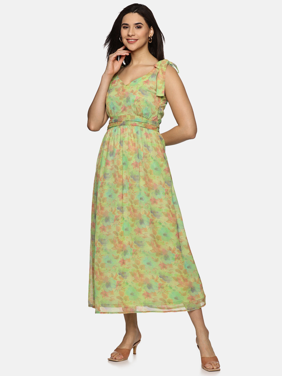 Buy Green Printed Floral Chiffon Fabric | Tie-up Detailed Dress Online In India