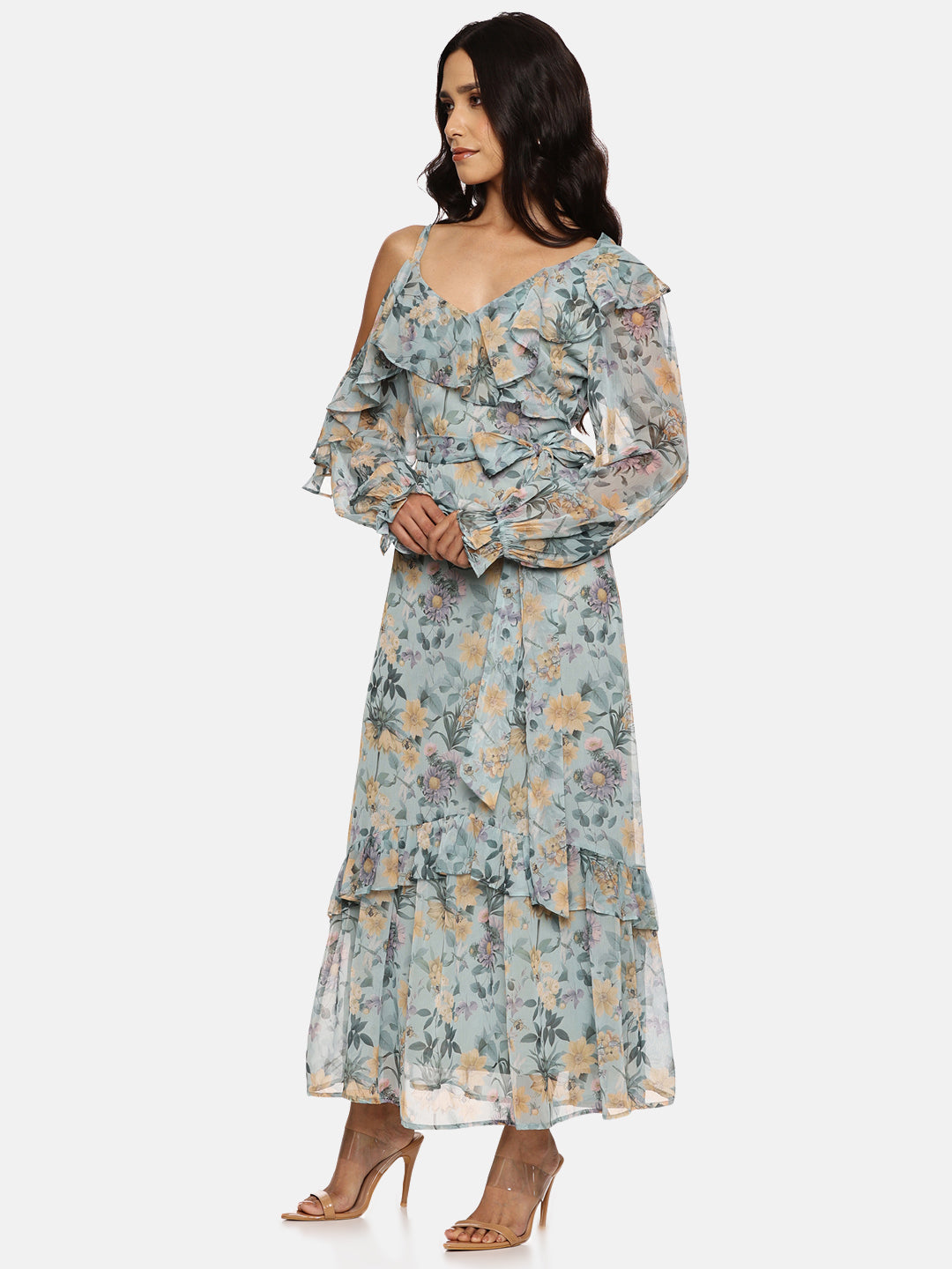 Buy Elegant Green Cold Shoulder Dress Online | IS.U Fashion Buy Elegant Green Cold Shoulder Dress Online | IS.U Fashion