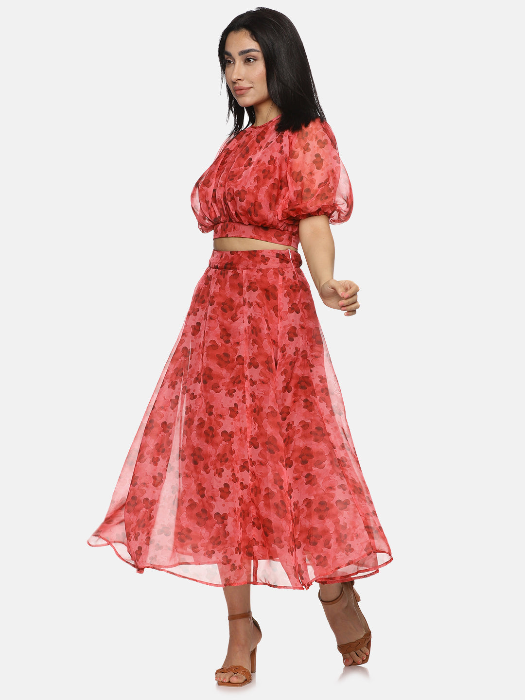 IS.U Floral Red Flared Midaxi Skirt