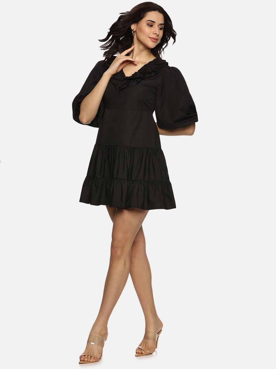 IS.U Solid Black Puff Sleeve Mini Dress