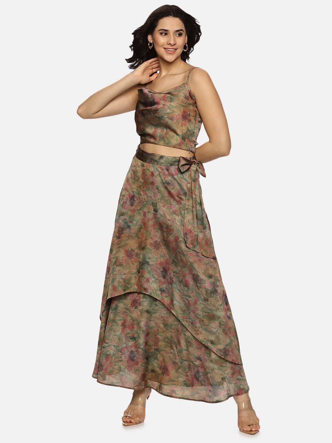 IS.U Floral Brown Asymmetrical Flare Co-ord Set