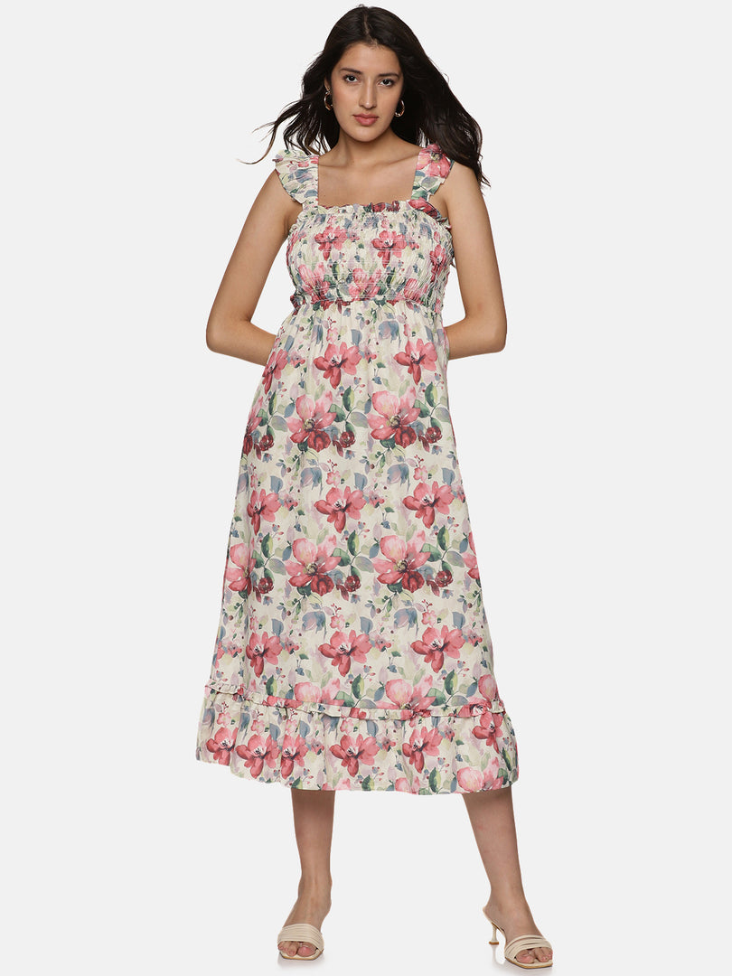 IS.U Floral Multicolor Smocking Detail Midaxi Dress
