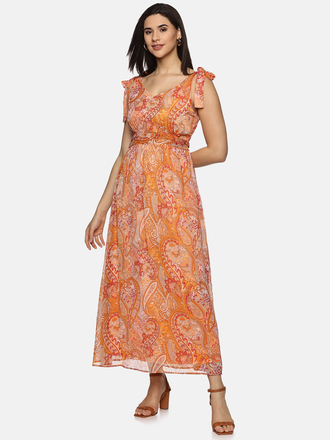 Buy Printed Floral Chiffon Fabric | Tie-up Detailed Maxi Dress Online In India