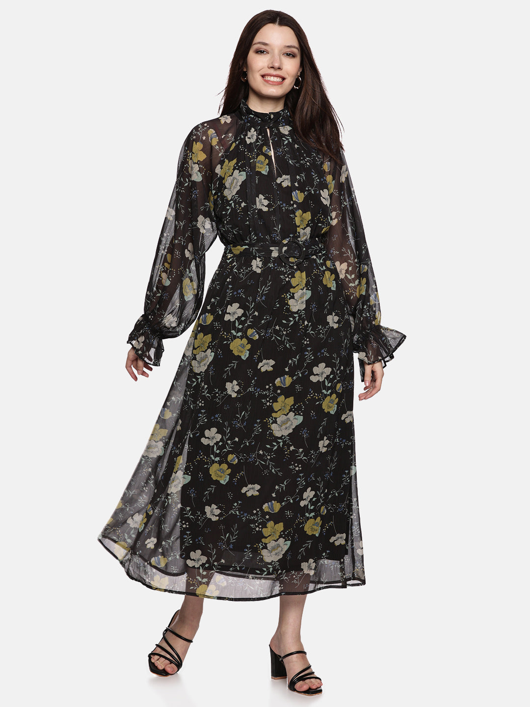 IS.U Floral Black Belted Blouson Sleeve Dress