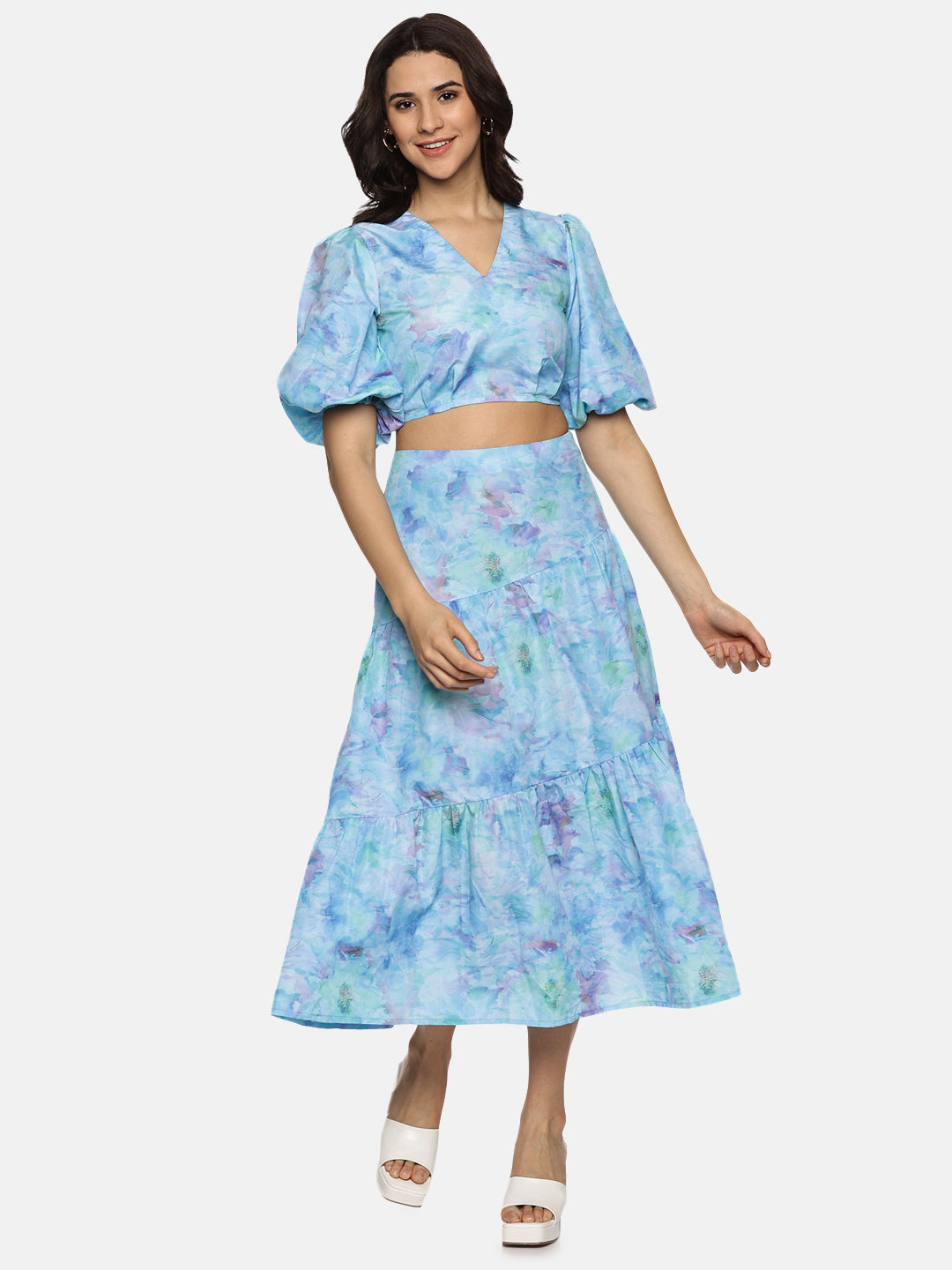 IS.U Floral Blue Cut And Sew Midaxi Co-ord Set