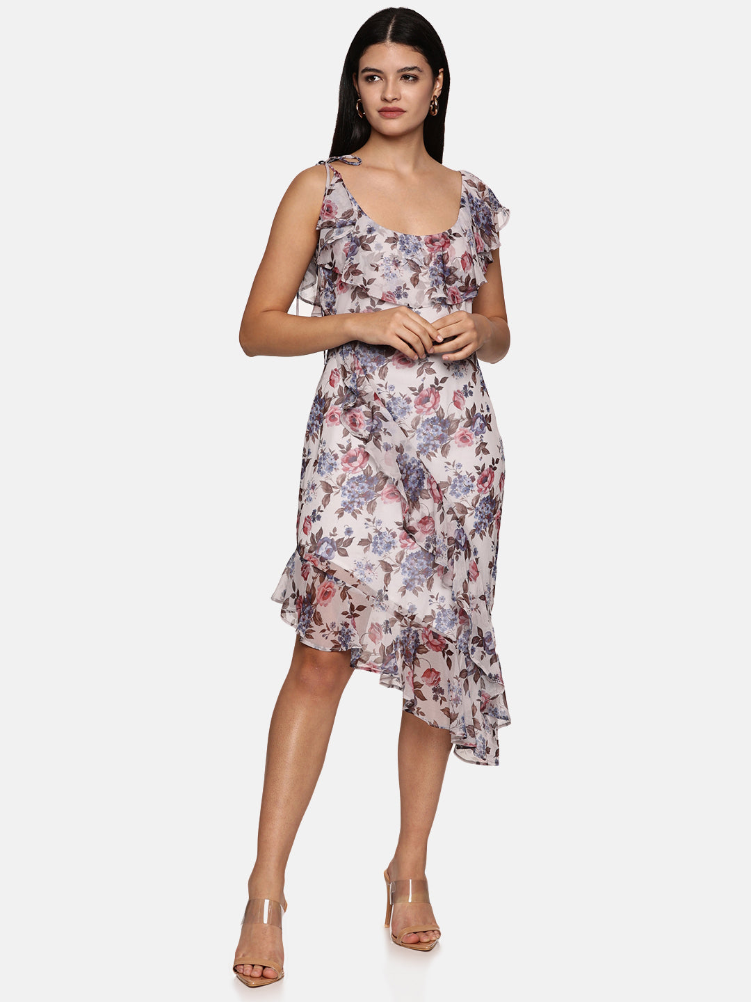 IS.U Printed Ruffled Strap Midi Dress