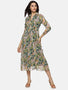 IS.U Floral Multicolor Ruched Sleeve Midaxi Dress