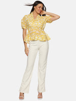 Load image into Gallery viewer, IS.U Floral Yellow Collared Peplum Top
