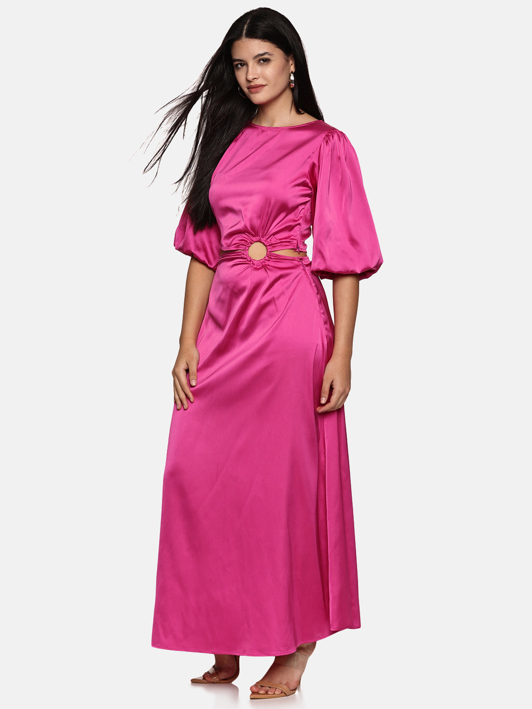 IS.U Pink Puff Sleeve Cut-Out Maxi Dress