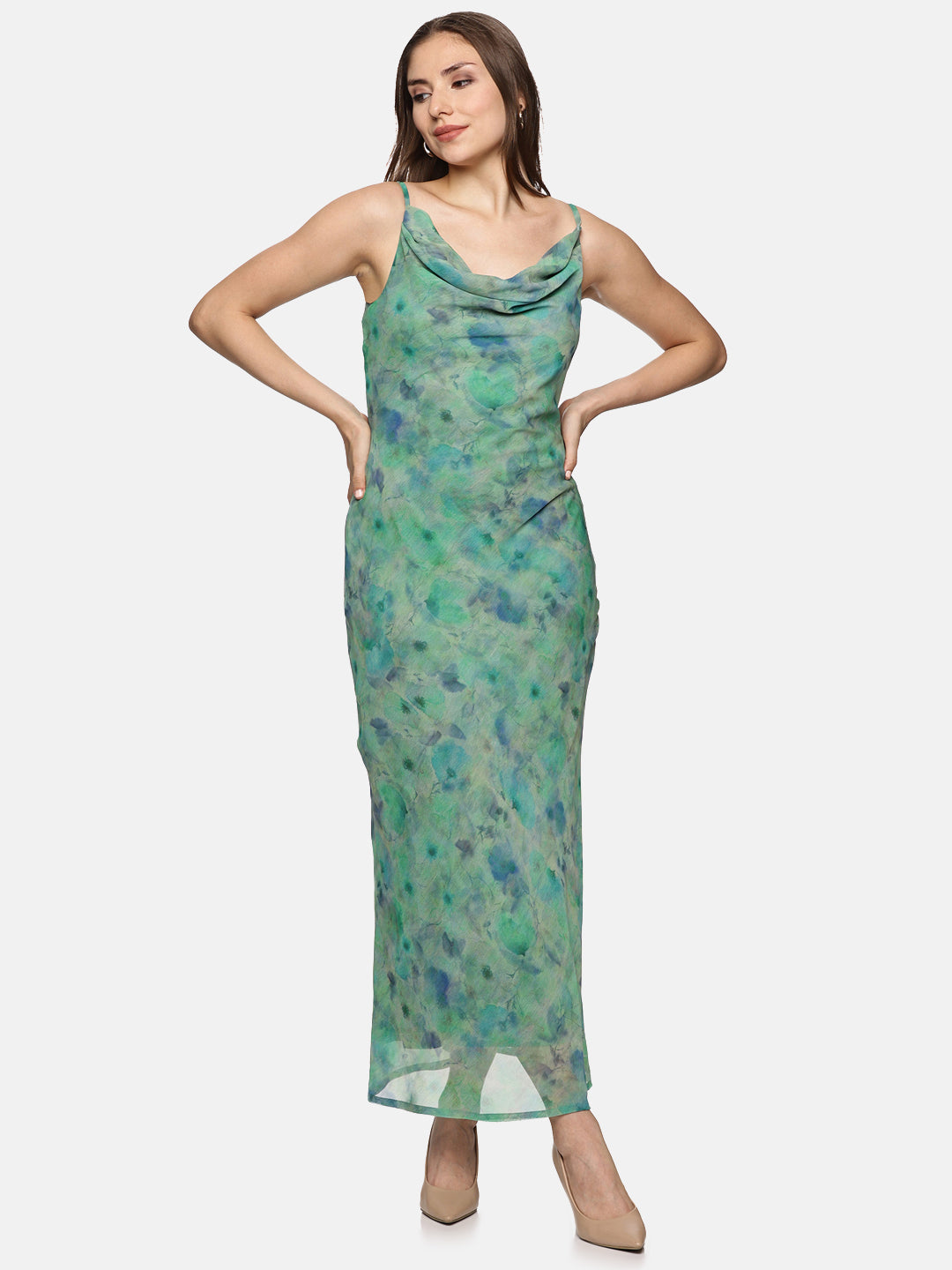 Buy Green Cowl Neck Slip Dress For Women
