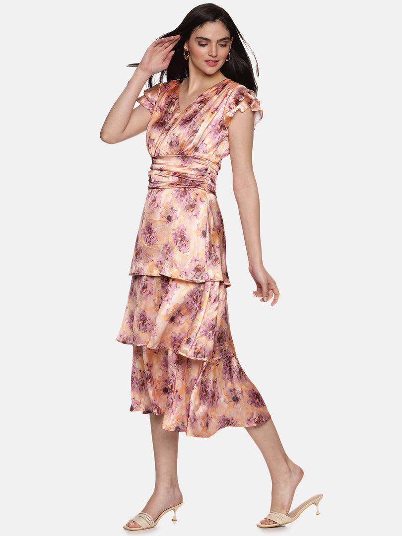 IS.U Floral Peach Three Tier Midaxi Dress