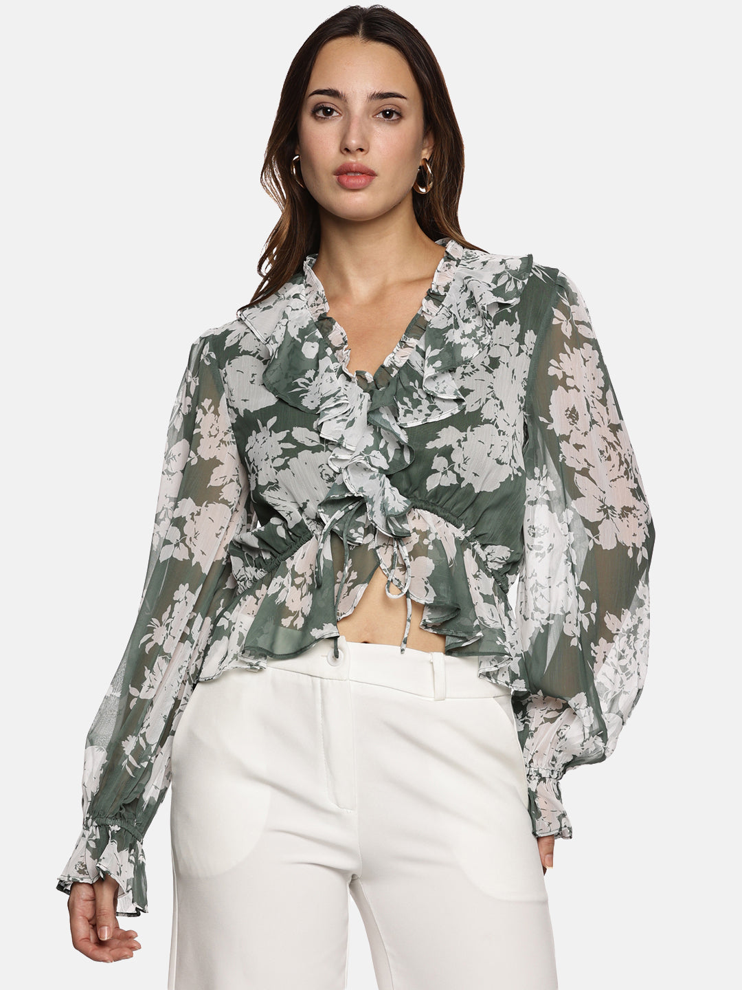 IS.U Floral Green V-Neck Blouson Sleeve Top