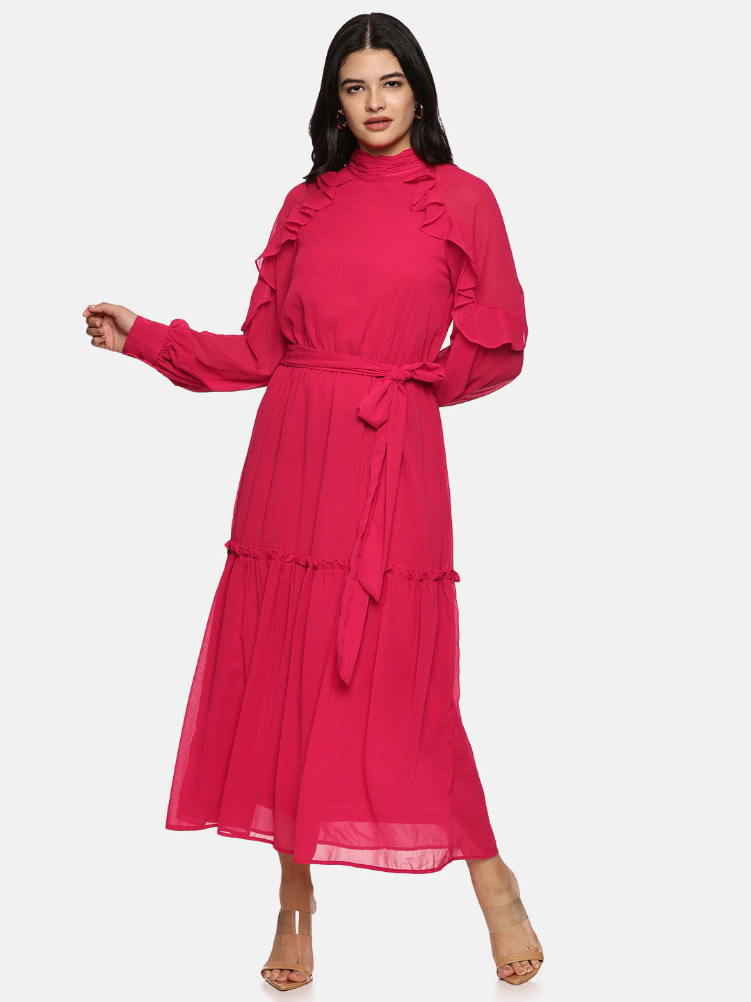 IS.U Pink Ruffled Blouson Sleeve Dress