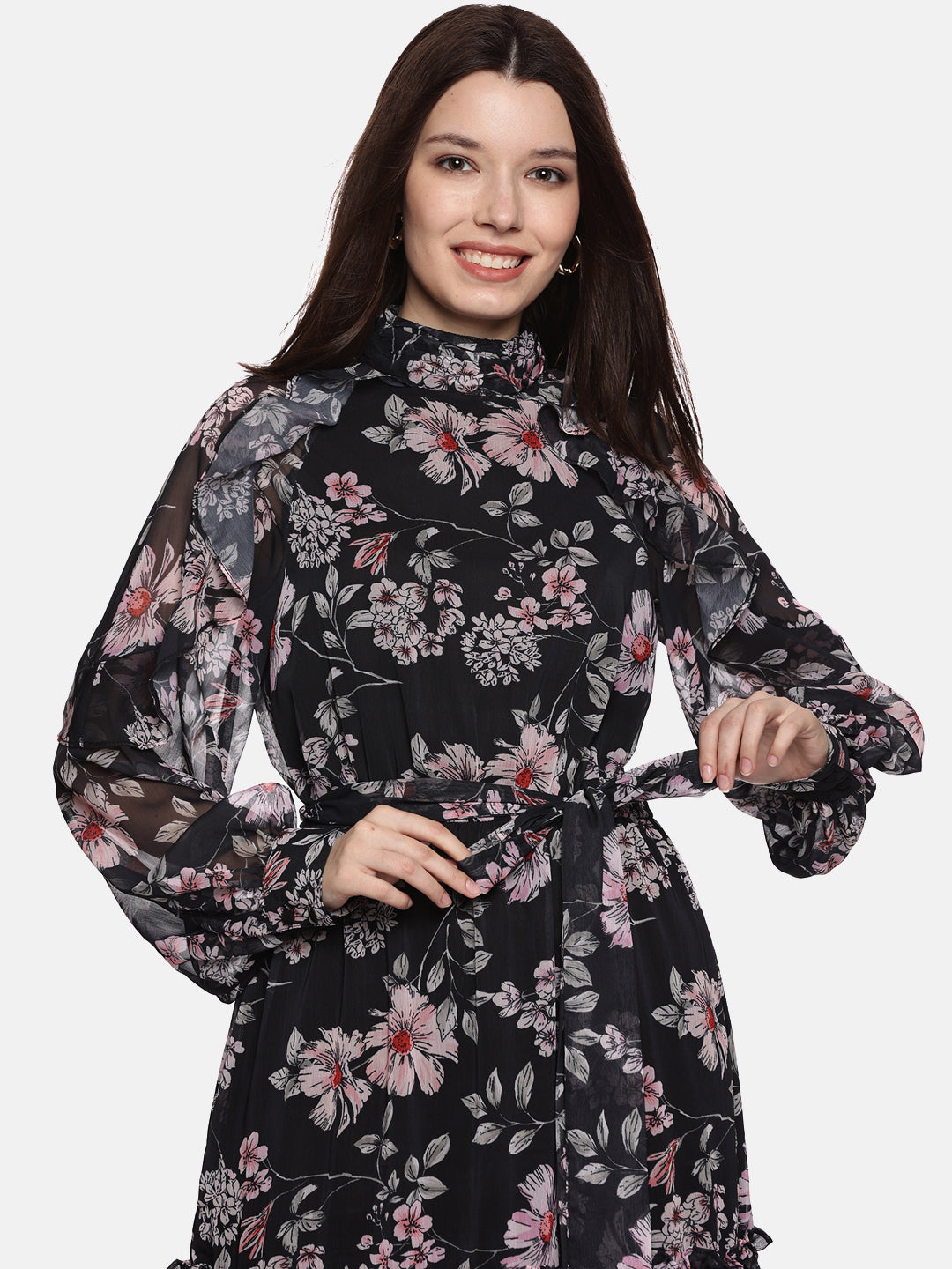 IS.U Floral Black Ruffled Blouson Sleeve Dress