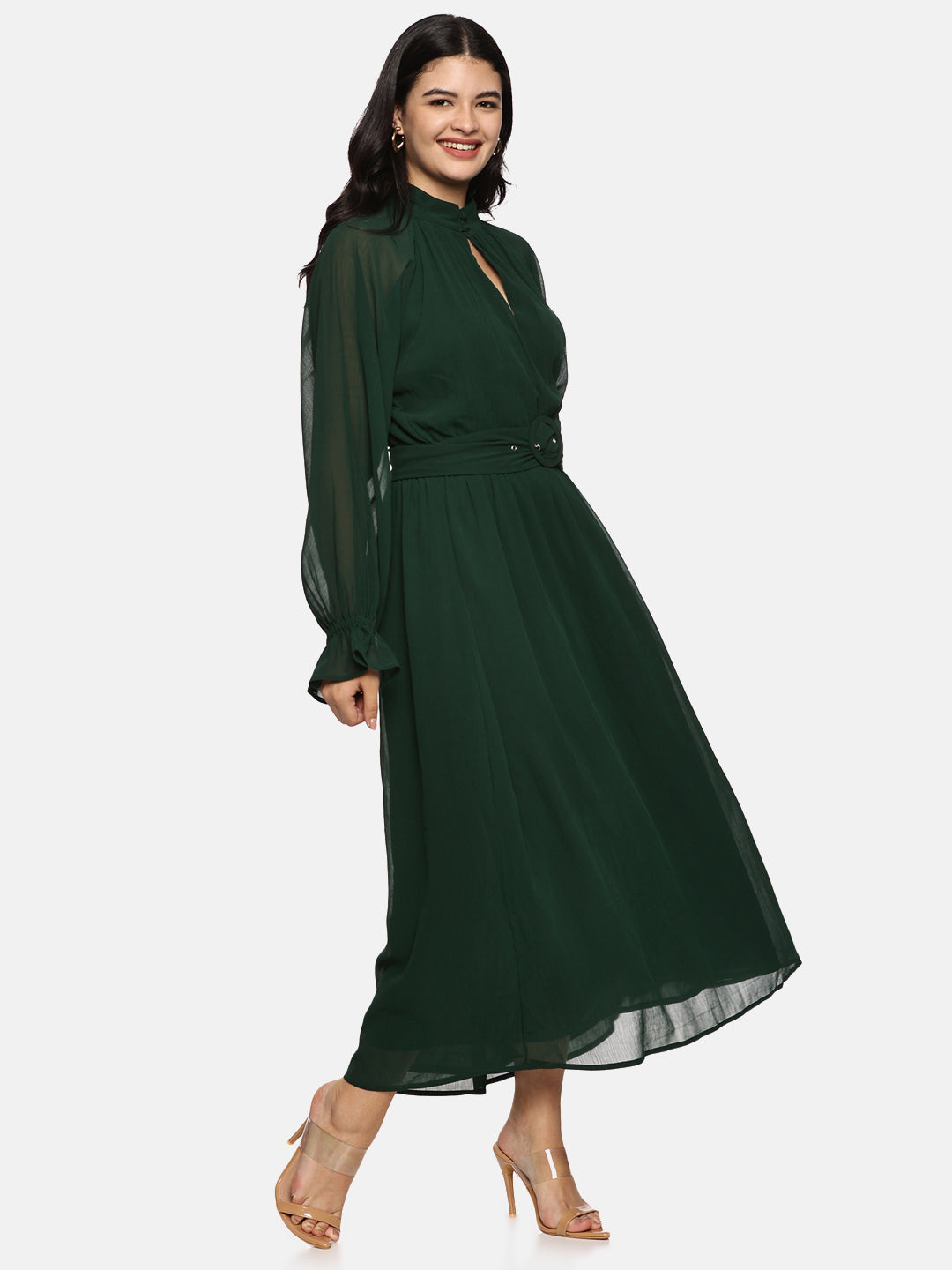 IS.U Green Belted Blouson Sleeve Dress