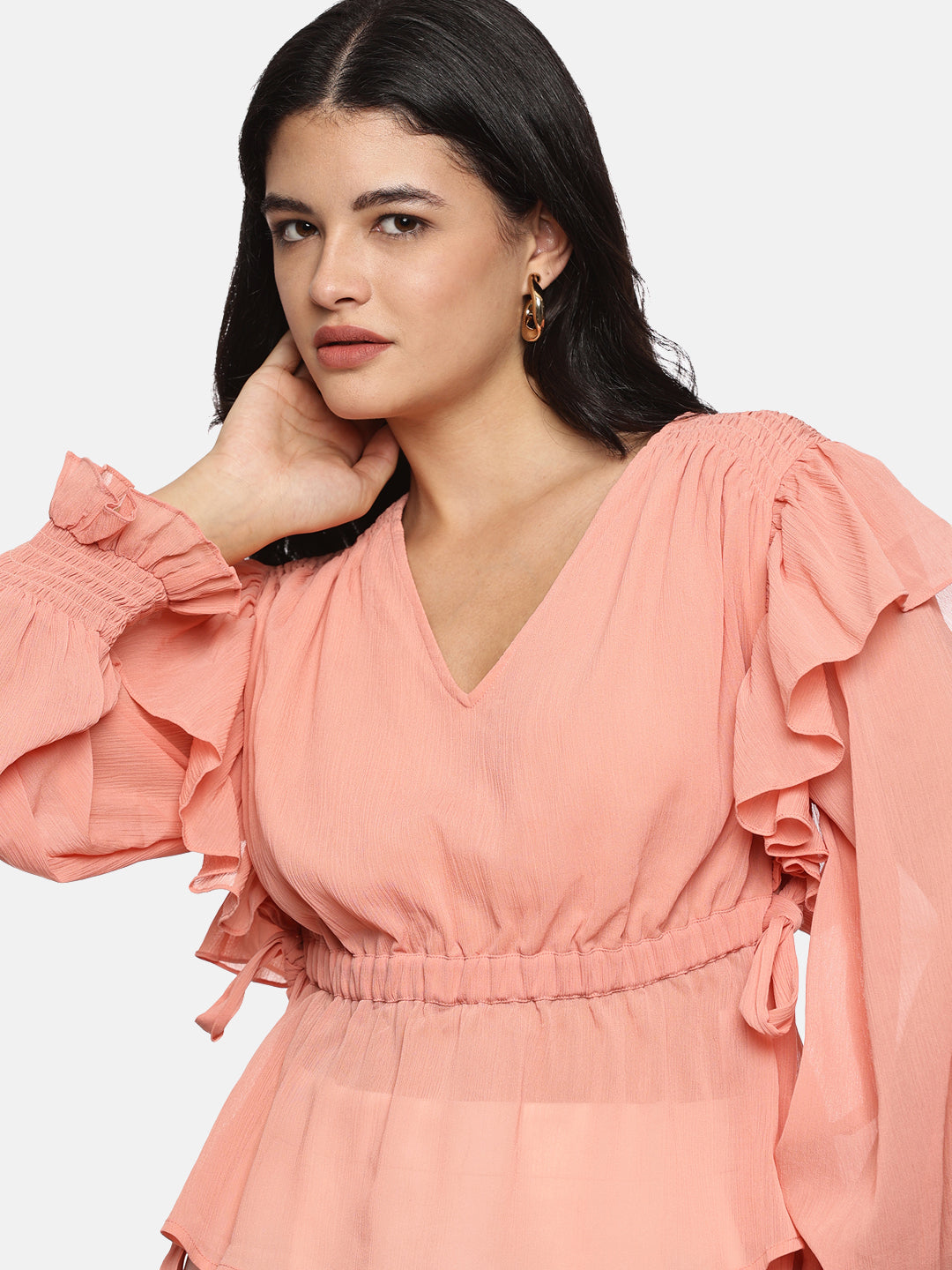 IS.U Peach V-Neck Smocked Sleeve Top