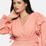 IS.U Peach V-Neck Smocked Sleeve Top