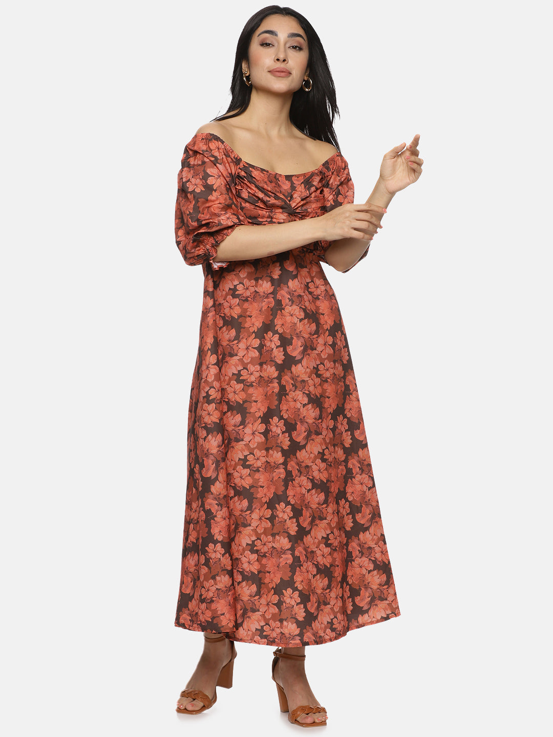 IS.U Floral Brown Front Twist Midaxi Dress