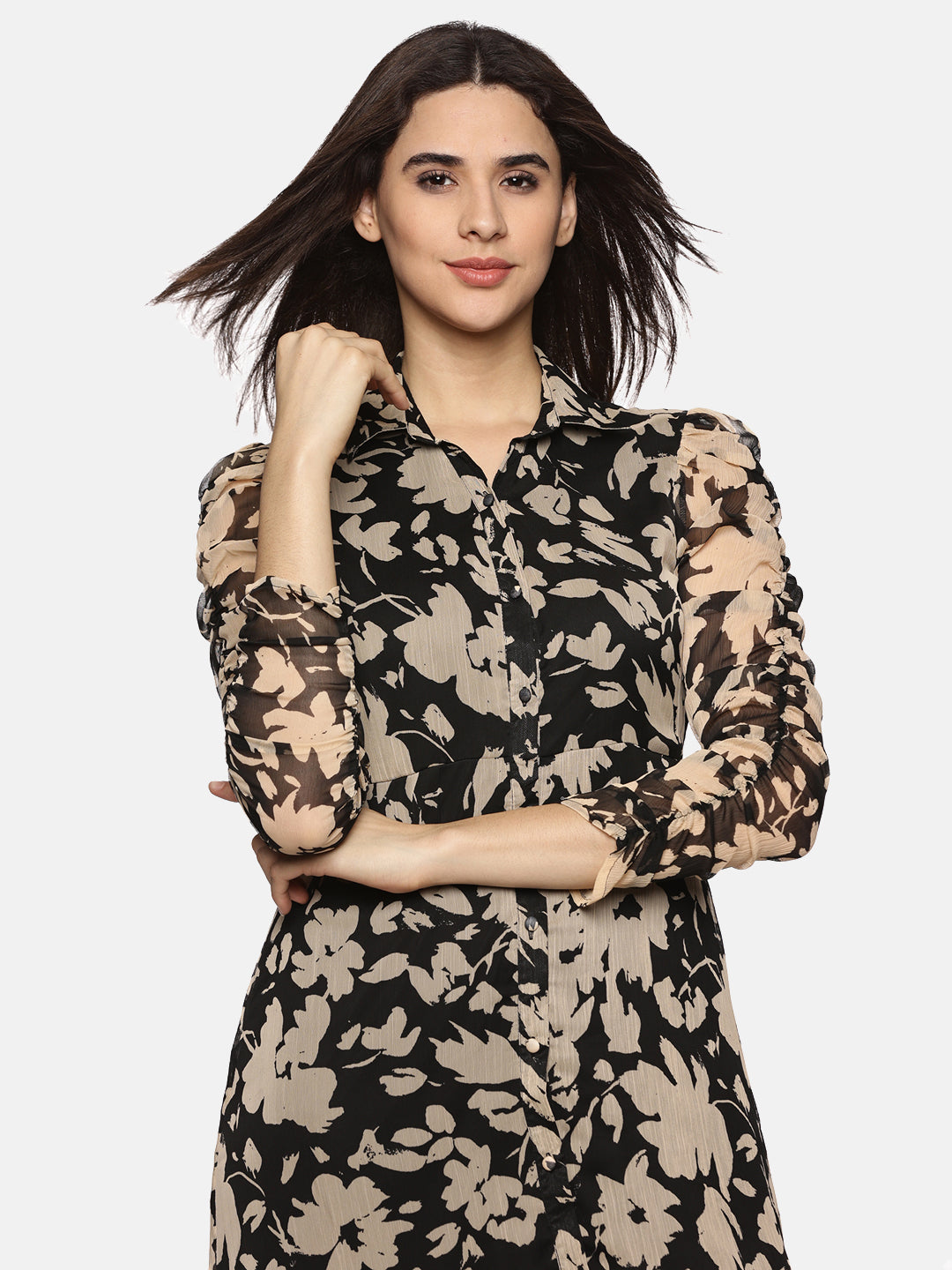 IS.U Floral Black Ruched Sleeve Midaxi Dress