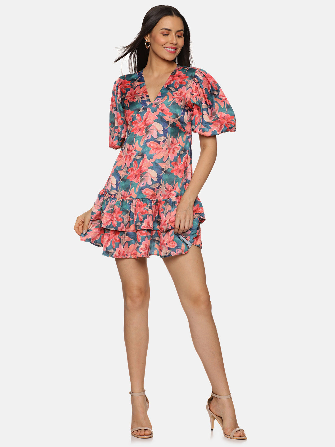 Buy V Neck Multicolor Mini Dress For women| Two Tiered Ruffle Online In India