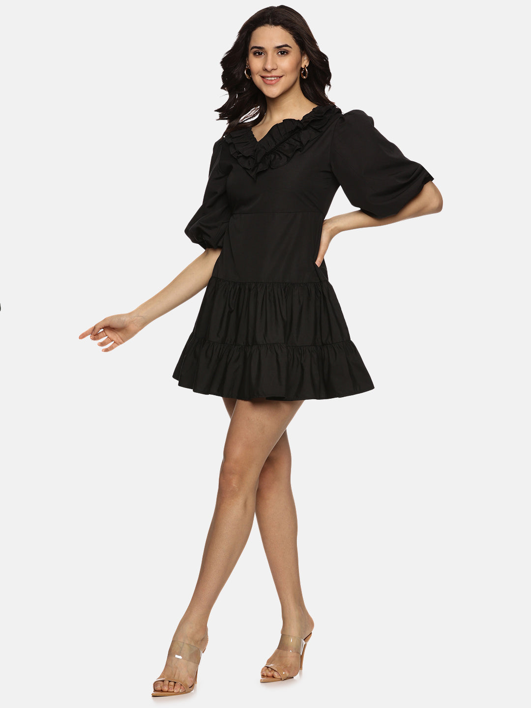 8 By YOOX COTTON BLEND PUFF SLEEVE SHORT DRESS | Black Women's Short Dress  | YOOX