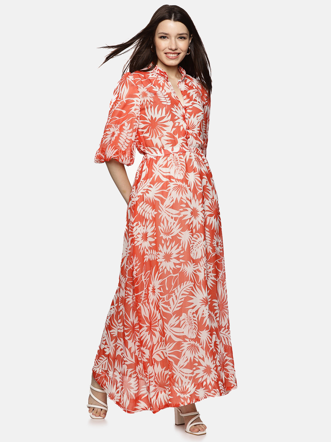 IS.U Floral Red Printed Baloon Sleeve Dress