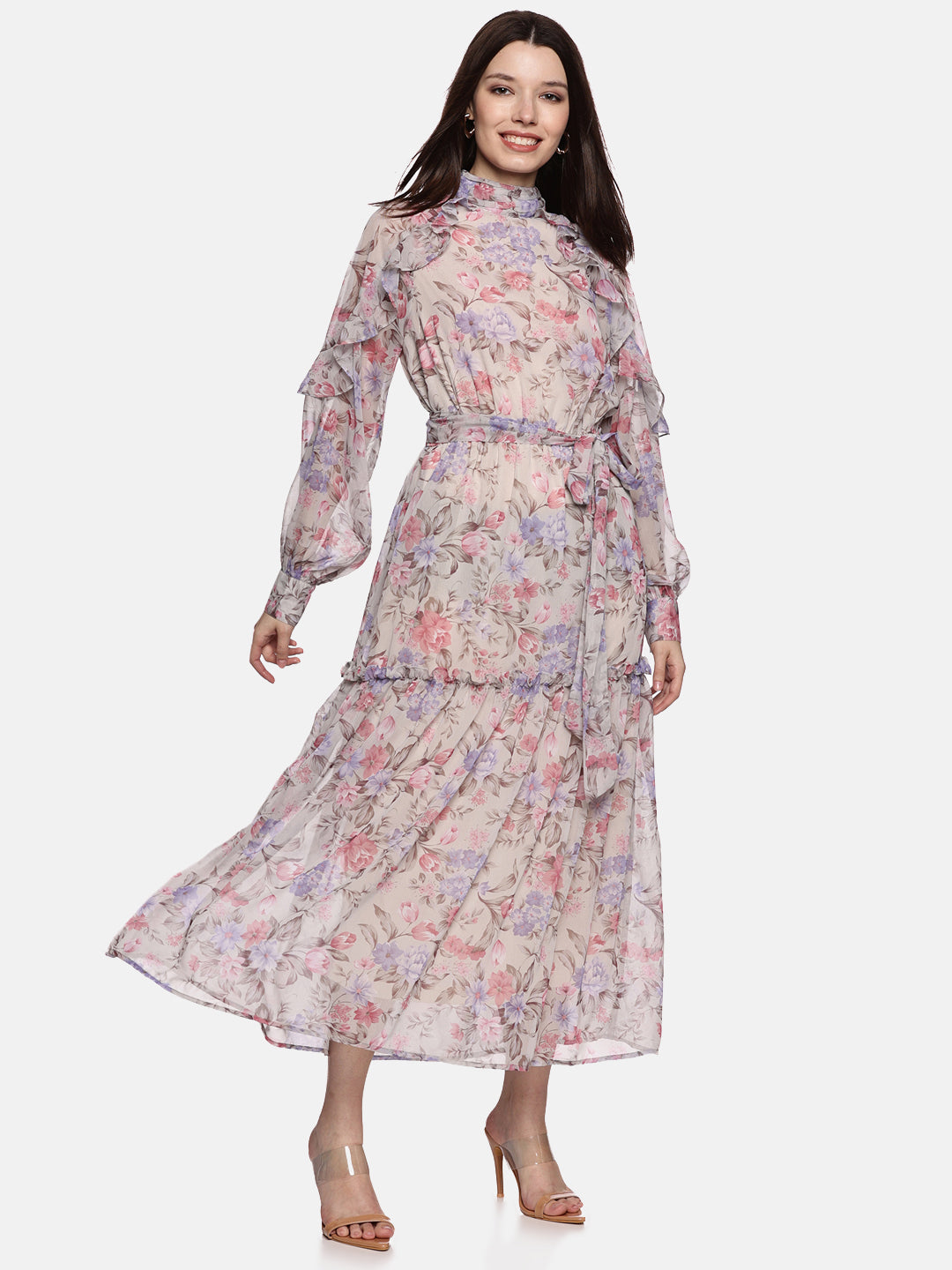 IS.U Floral Multicolored Ruffled Blouson Sleeve Dress