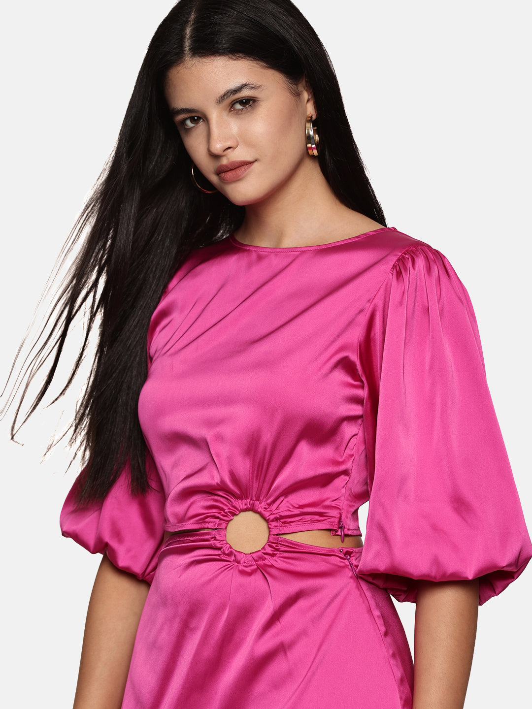 IS.U Pink Puff Sleeve Cut-Out Maxi Dress