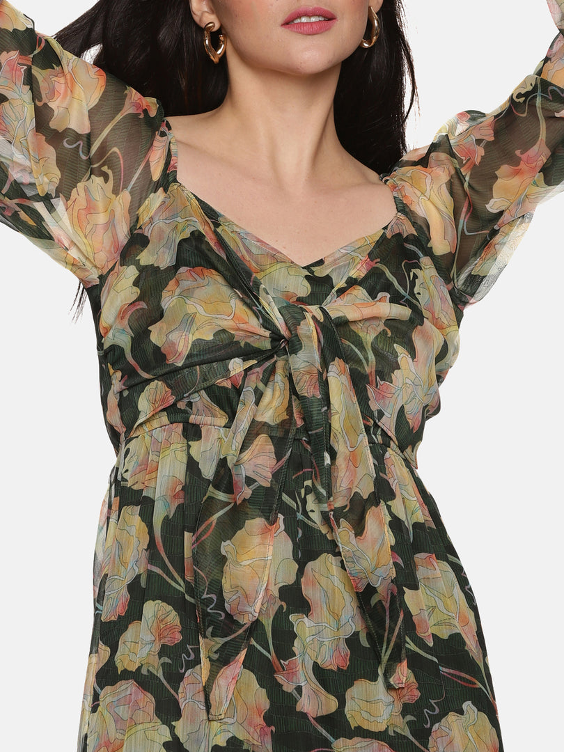 IS.U Floral Green Front Tie Knot Midaxi Dress