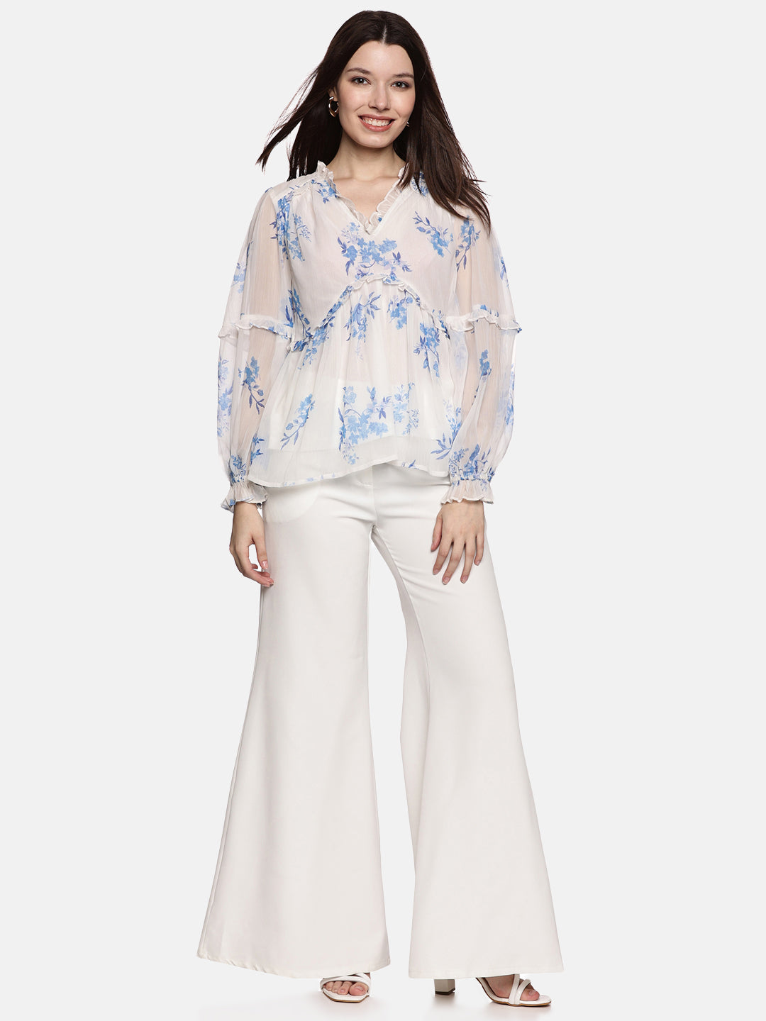 IS.U Floral White Blouson Sleeve Top