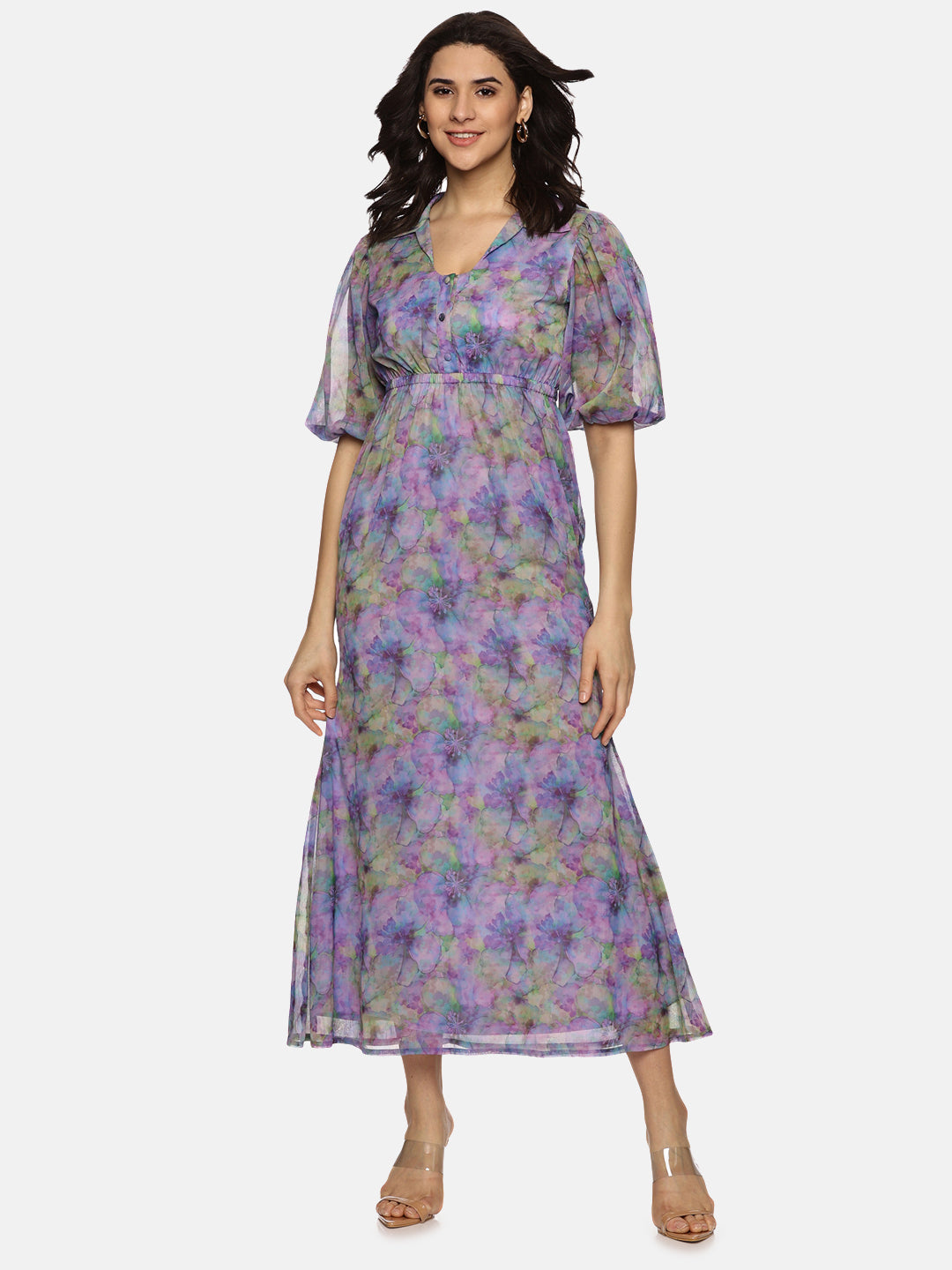 Buy Lavender Printed Floral Chiffon Fabric | Shirt Collared Maxi Dress Online In India