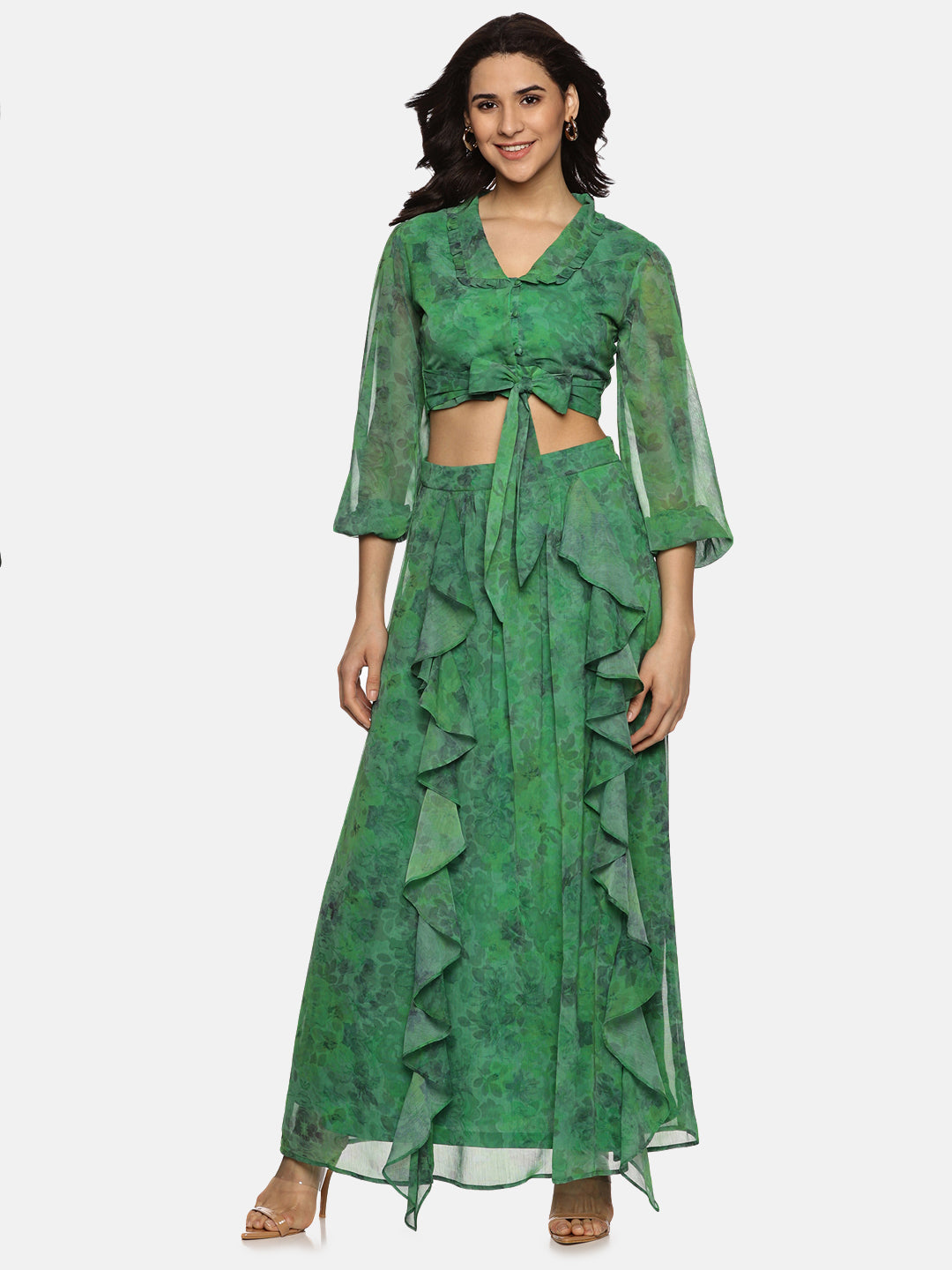 Buy Green Printed Floral Chiffon Fabric | Flare Detail Co-ord Set Online In India