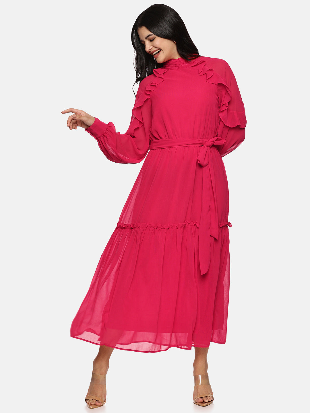 IS.U Pink Ruffled Blouson Sleeve Dress