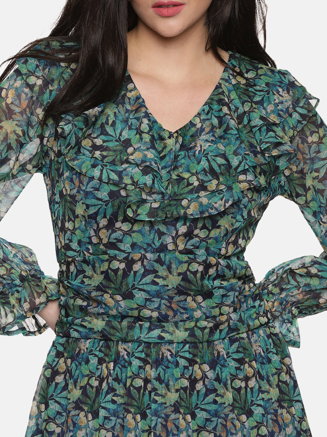 IS.U Floral Green Ruffle Mini Dress
