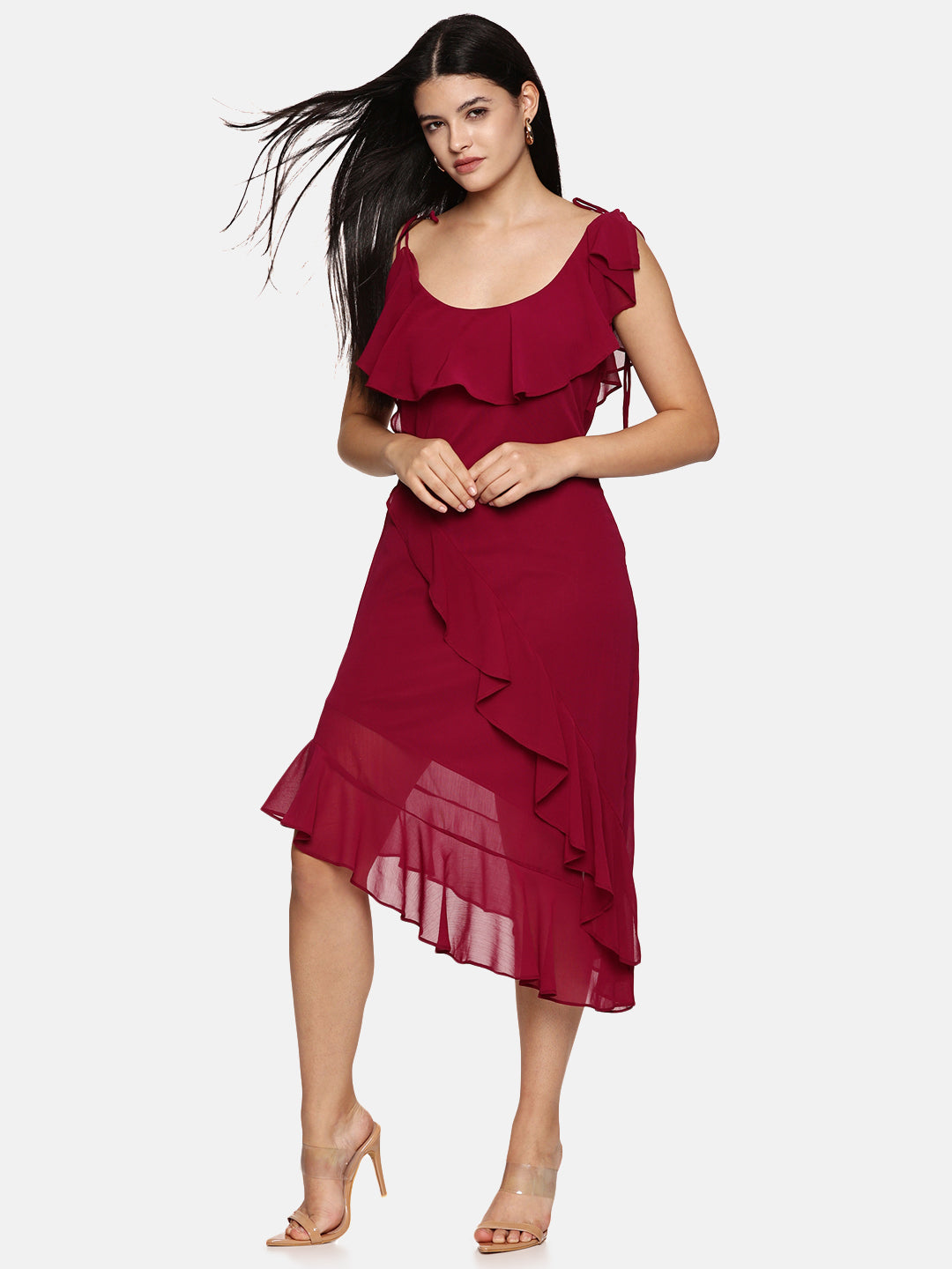 IS.U  Pink Ruffled Strap Midi Dress