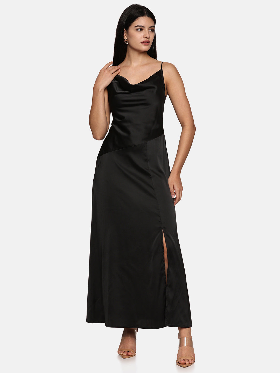 IS.U  Black Front Slit Maxi Dress