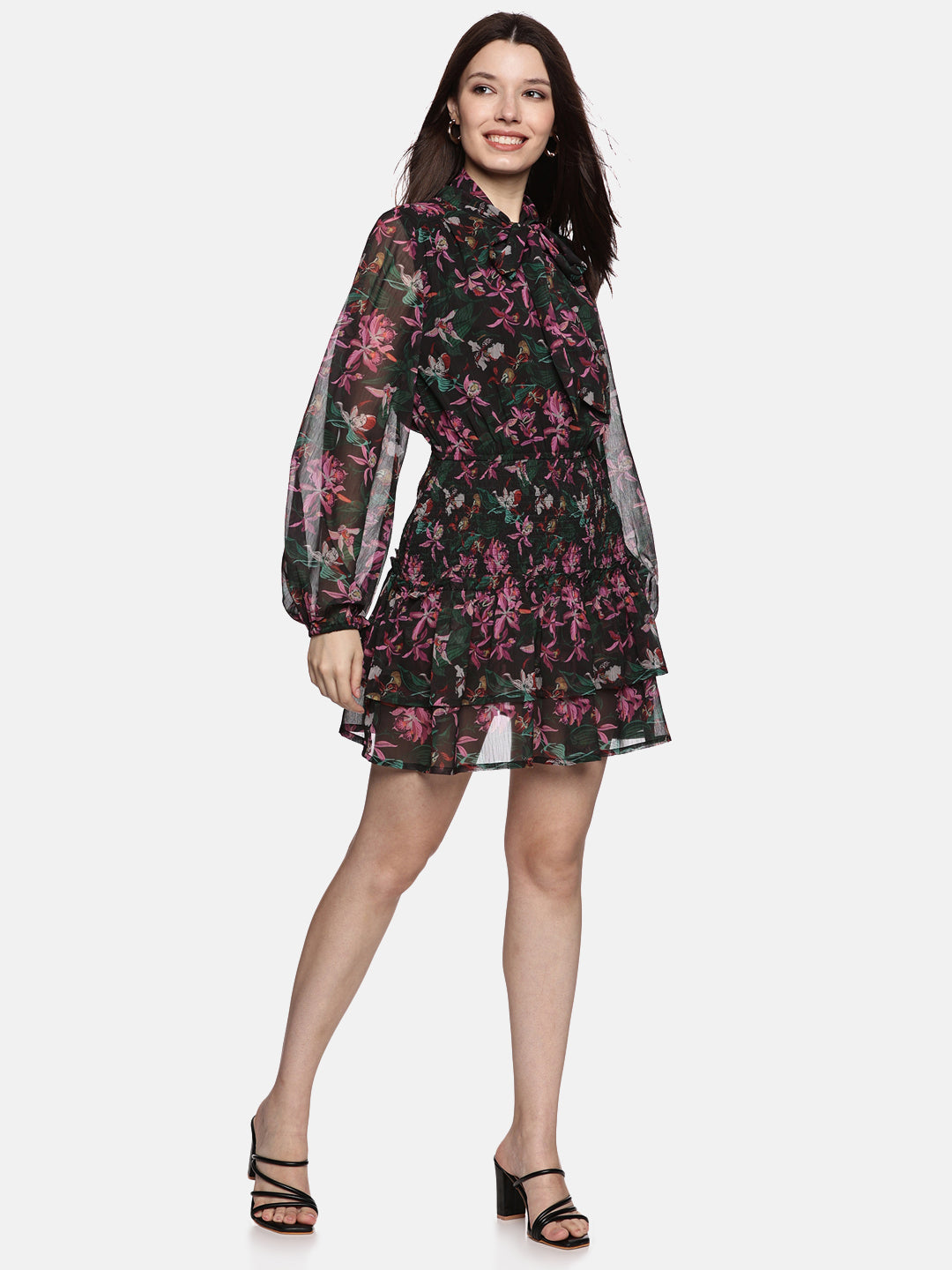 IS.U Floral Multicolor Tie- Knot Smocked Dress