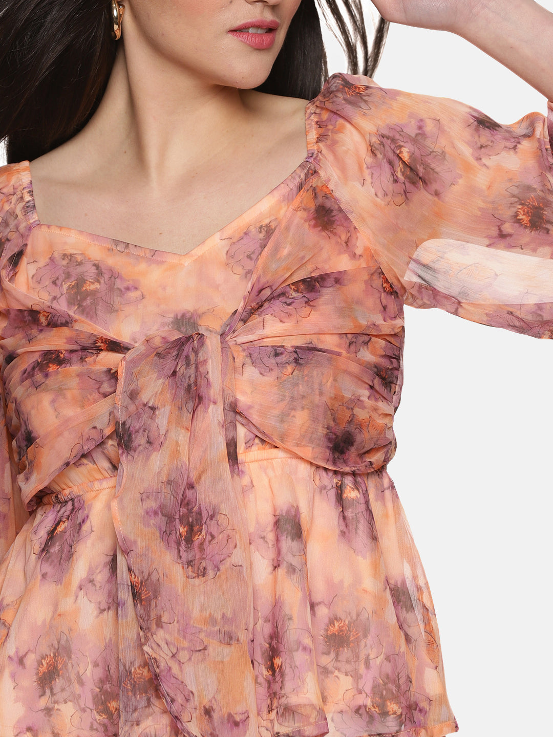 IS.U Floral Peach Front Tie Knot Peplum Top