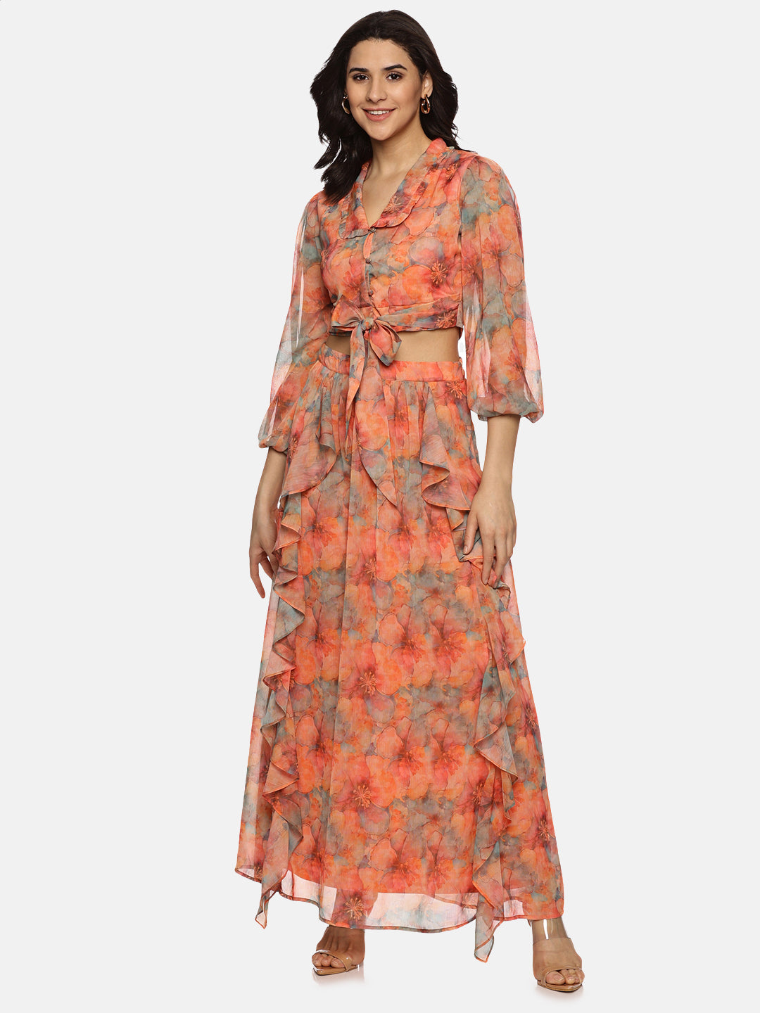 Buy Orange Printed Floral Chiffon Fabric | Flare Detail Co-ord Set Online In India