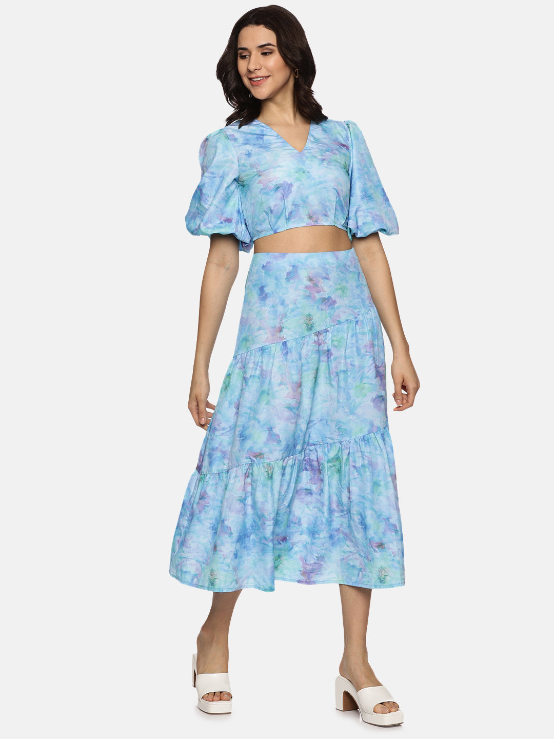 IS.U Floral Blue Cut And Sew Midaxi Co-ord Set