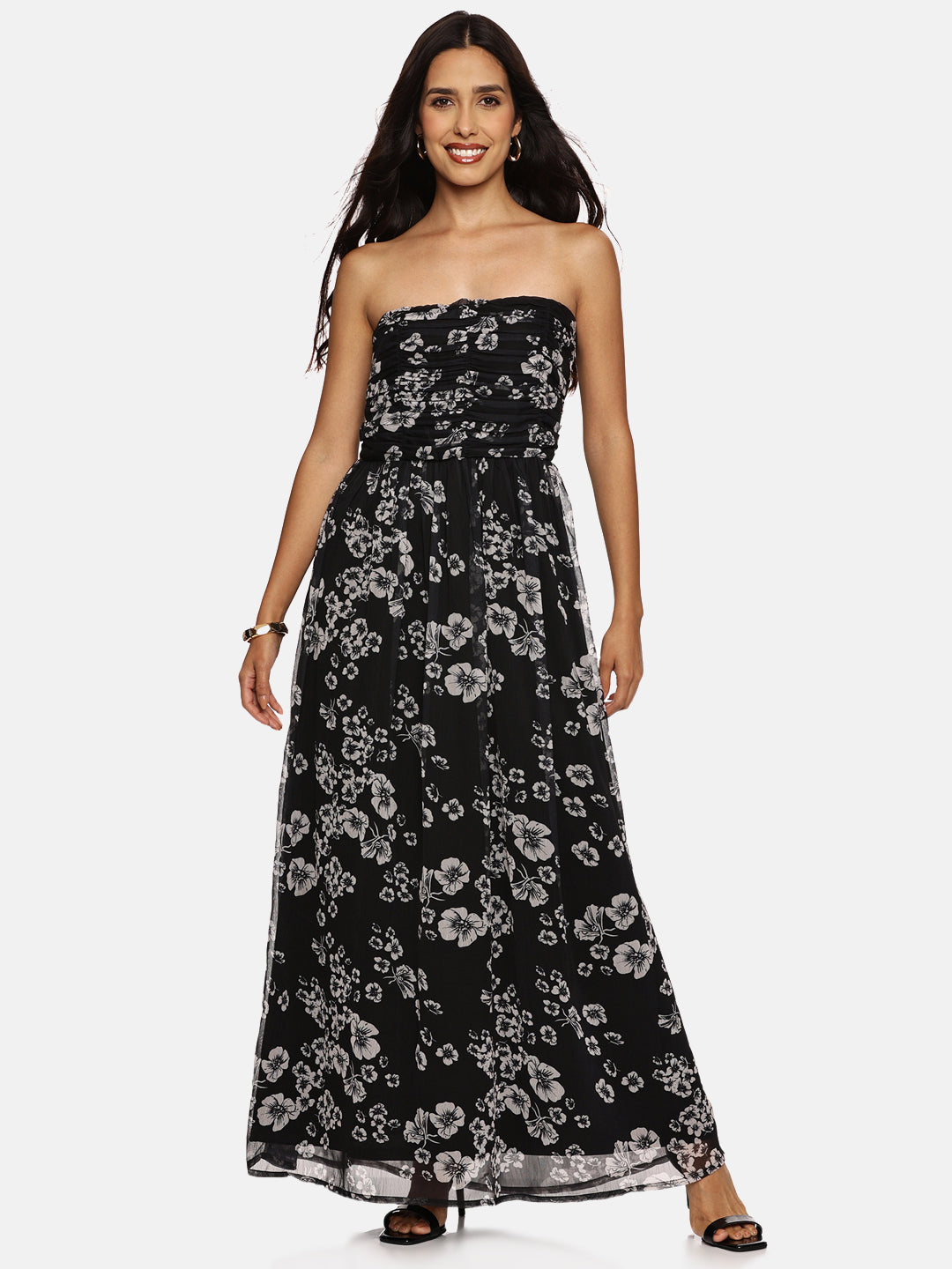 IS.U Floral Black Front Gathered Maxi Dress