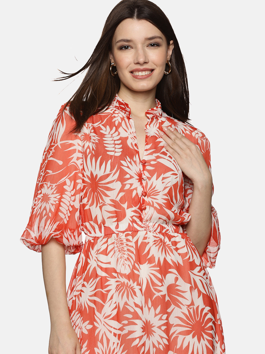 IS.U Floral Red Printed Baloon Sleeve Dress