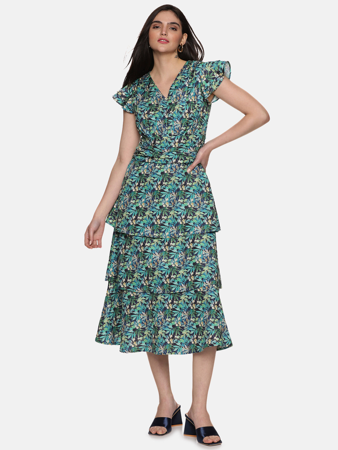 IS.U Floral Green Three Tier Midaxi Dress