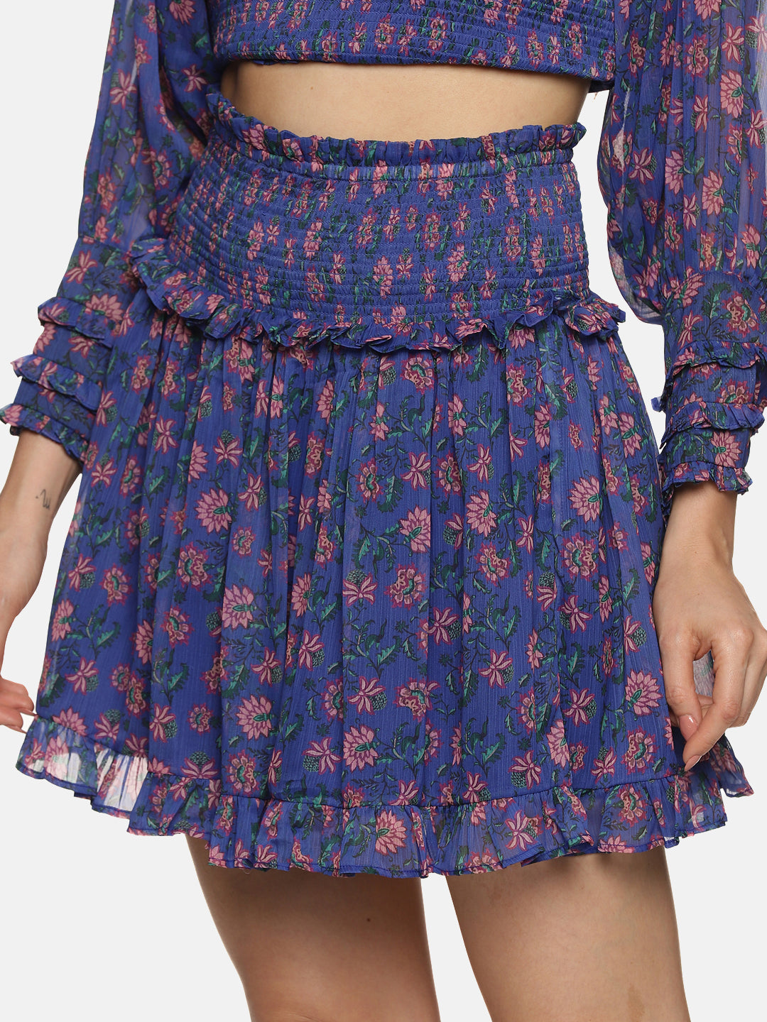 IS.U Floral Blue Smocked Mini Skirt